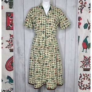 Vintage 60s Folk Art Farm Dress Zip Front Cottagecore Midi, sz Medium